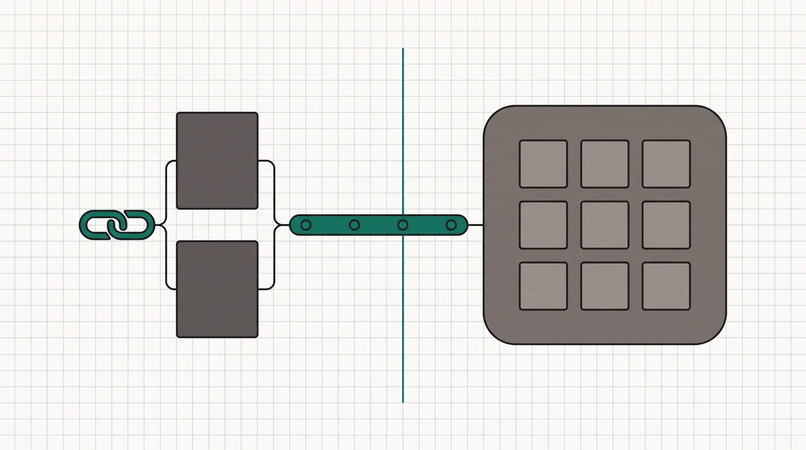On the left, one link splitting into two page variants that feed a single timeline; on the right, one large container holding a 3-by-3 grid of tool tiles, divided down the middle.