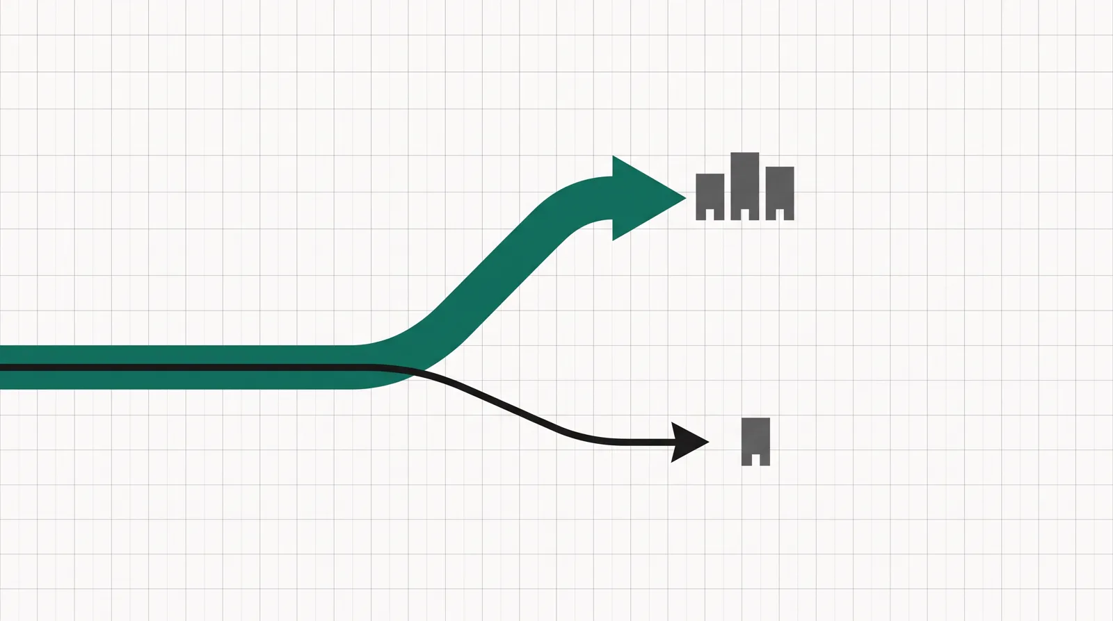 A path forking into two arrows: a teal arrow to a cluster of three buildings for agencies with many clients, and a grey arrow to a single building for a solo founder.