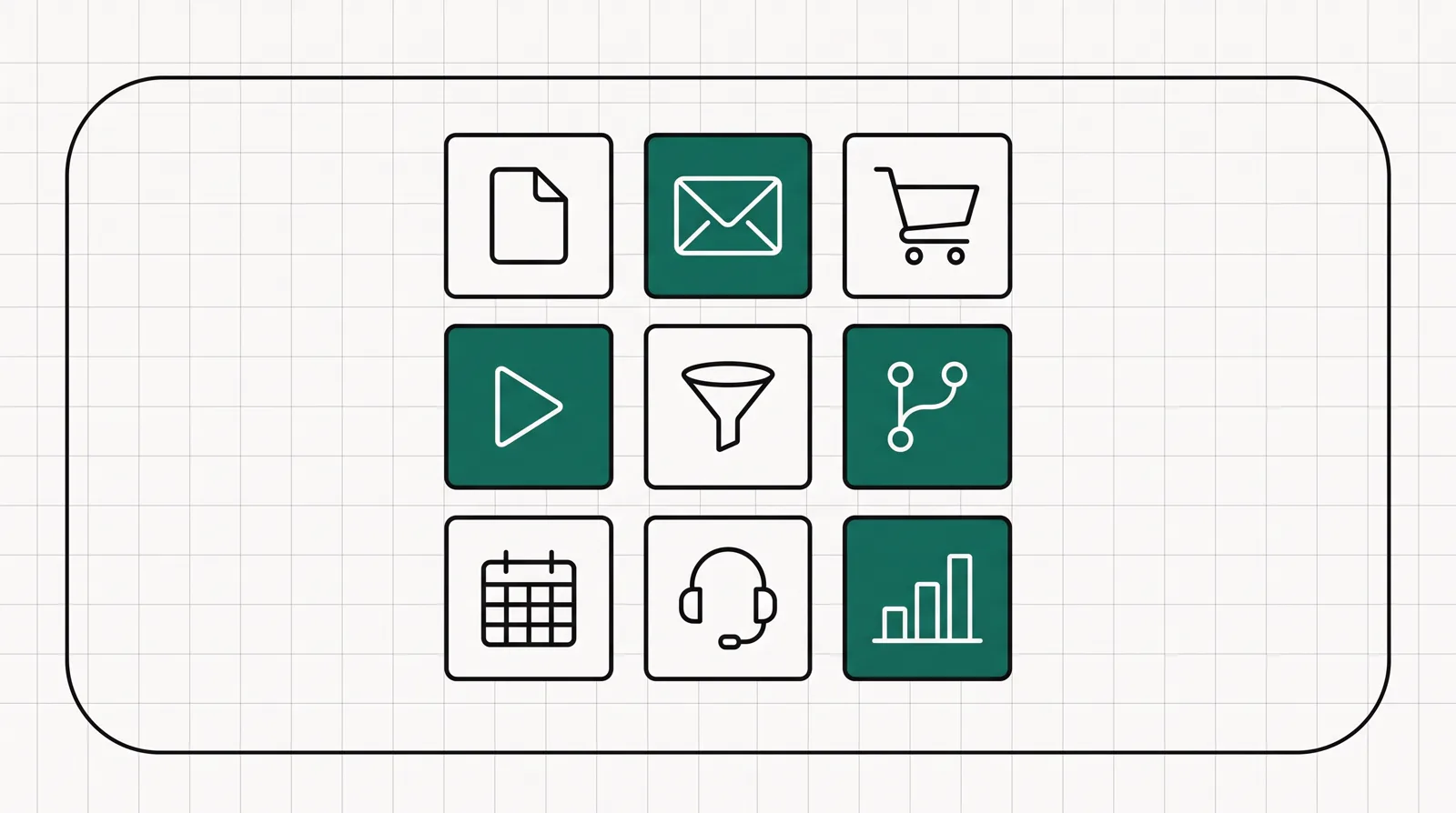 Nine small tool tiles for pages, email, checkout, courses, funnels, affiliates, a calendar, a helpdesk and analytics arranged inside one large container, showing a single platform that bundles them.