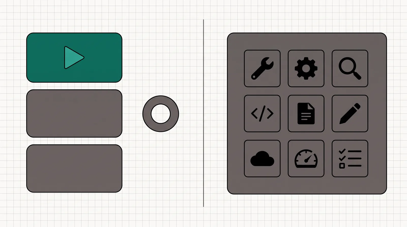 On the left, stacked course-lesson cards with a play triangle and a membership ring; on the right, one container holding a grid of nine tool tiles; a divider between the two approaches.
