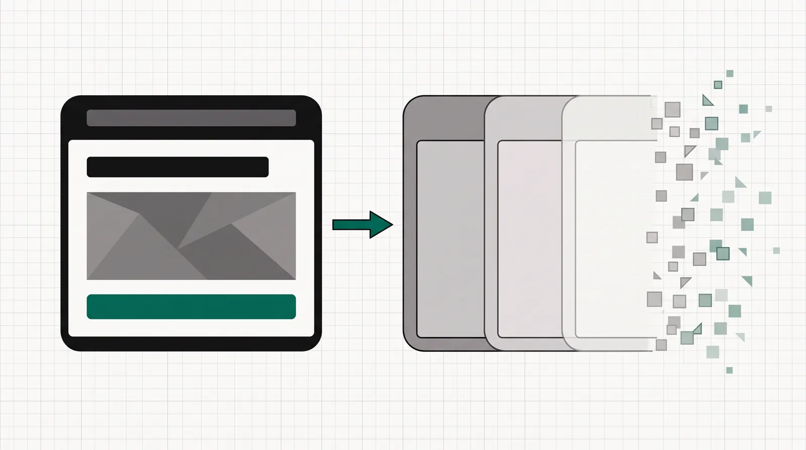 A crisp, detailed landing-page tile beside a fading row of three plainer tiles that dissolve at the edge, showing a tool that builds the page well but stops before the rest of the funnel.