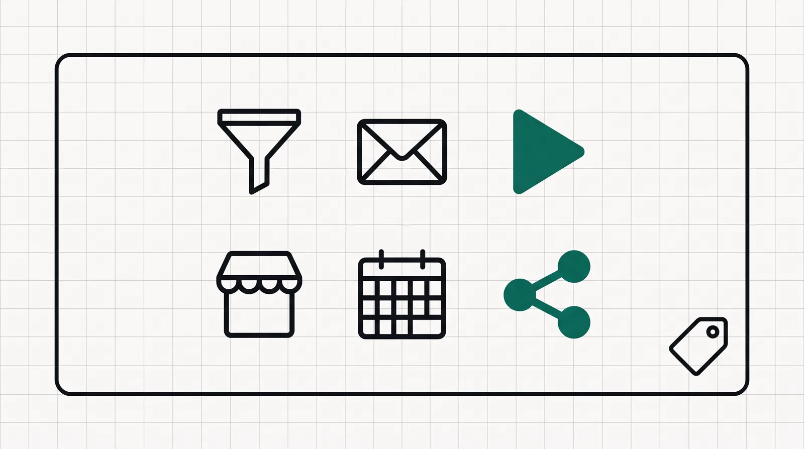 Many small tool tiles for funnels, email, courses, a store, a calendar and affiliates arranged inside one large container box, showing one platform holding many tools.