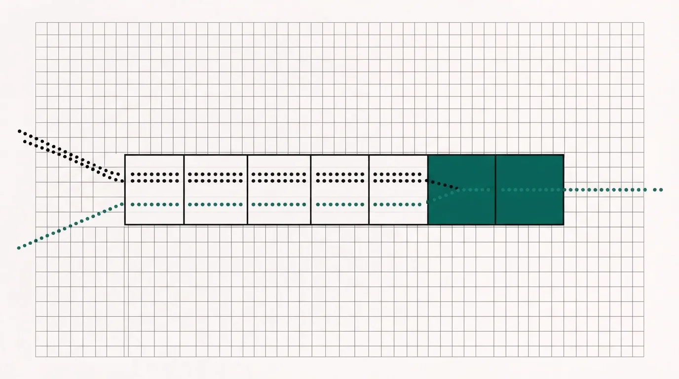 Seven day squares in a row, the weekend squares filled teal, with two thin streams of dots splitting into the row.