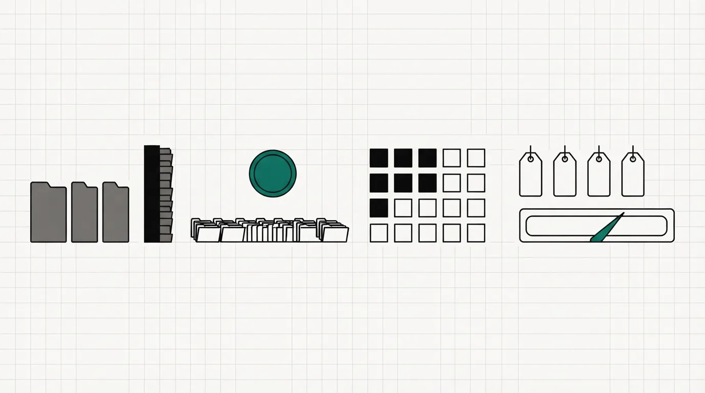 Four groups of folder shapes: three folders stopped by a bar, a long row of folders under one coin, a grid of workspace squares, and brand tags beside a gauge.