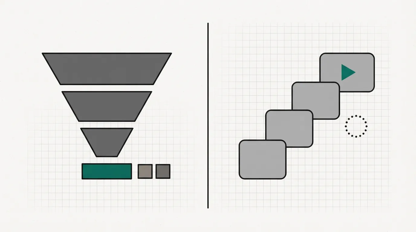 On the left, three stacked funnel steps ending in a checkout bar with two small bump squares; on the right, a staircase of lesson cards with a play triangle and a ring of member dots; a divider between them.
