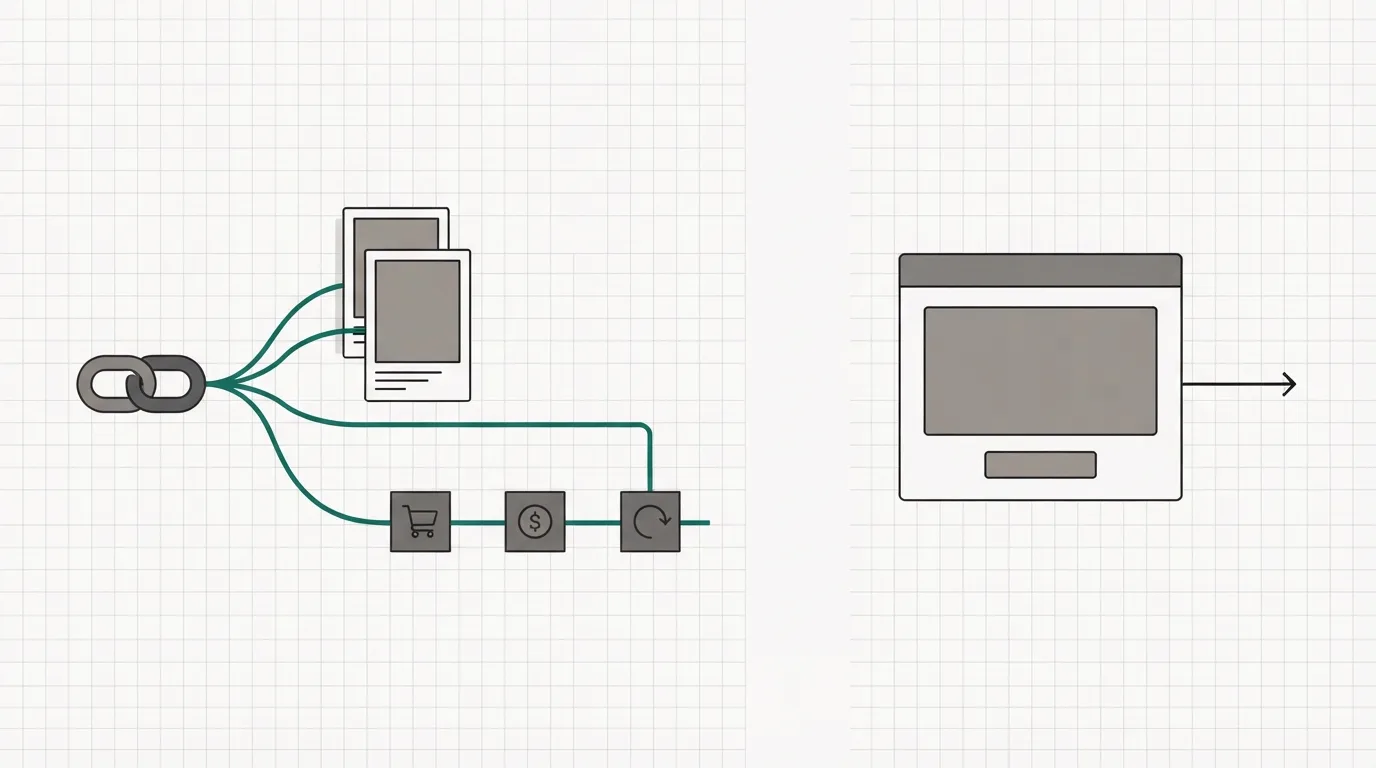 On the left, one link fanning into two page variants that feed a single checkout and revenue timeline; on the right, a standalone landing page with a form whose arrow leads out of the frame.