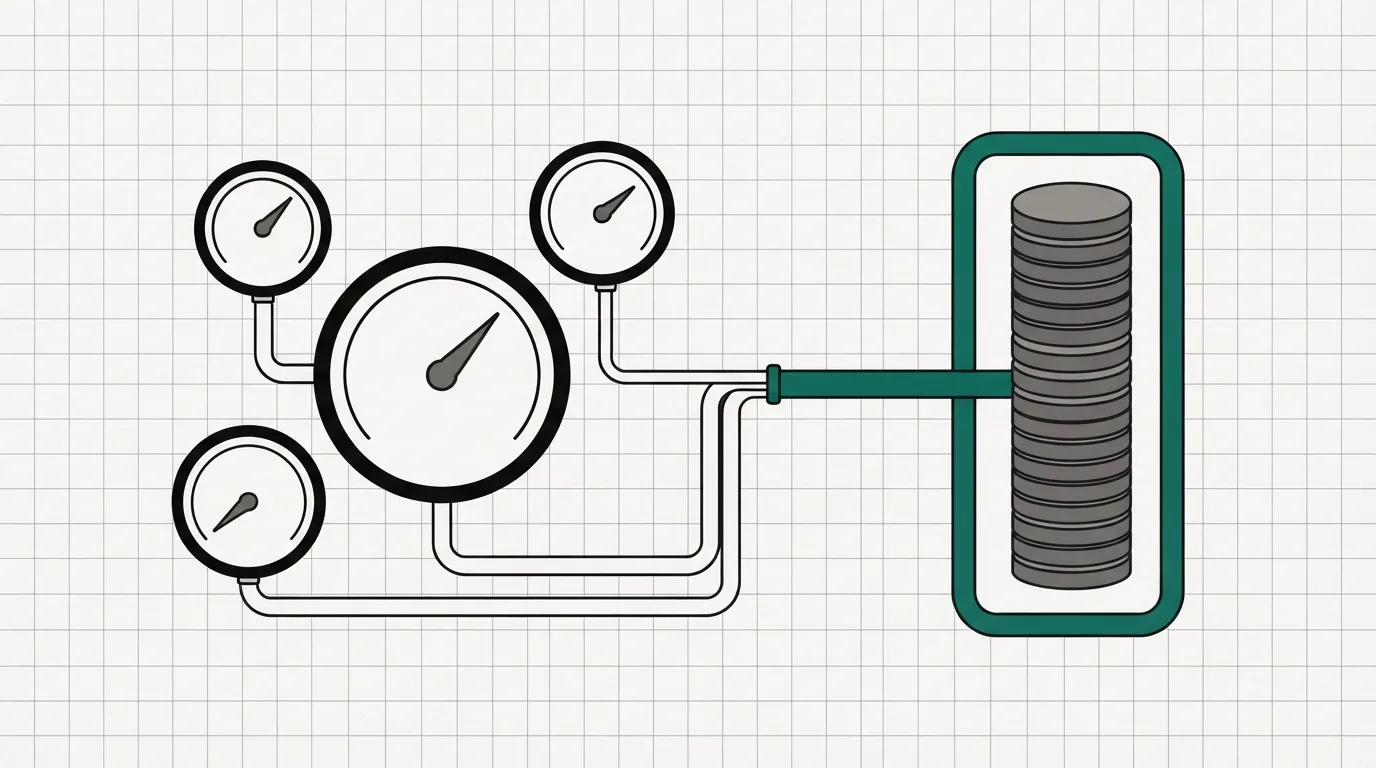 Three gauge dials joined by pipes that merge into a single stack of coins, standing for contacts, traffic and sub-accounts adding up to one monthly bill.