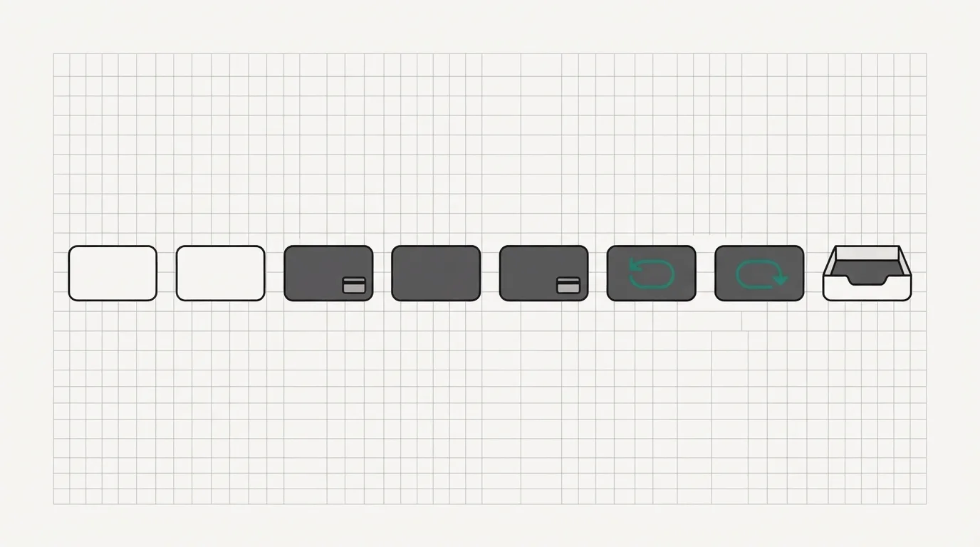 Eight flat cards in a row. Three are outlines only, two hold a small card shape, two have a curved arrow, and one is an open tray.