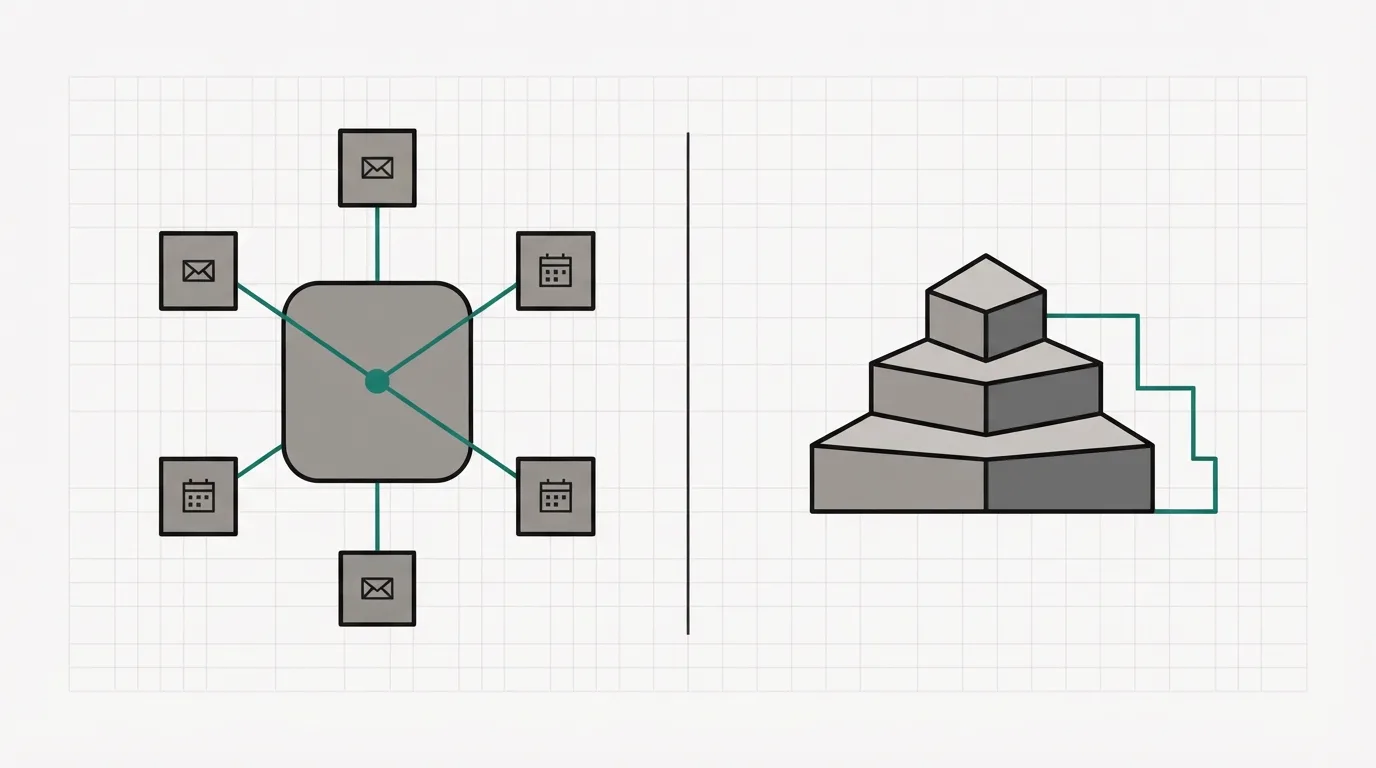 On the left, one central panel linked to six small client tiles with message and calendar icons; on the right, three stacked layers of one platform with a stepped line climbing beside them.
