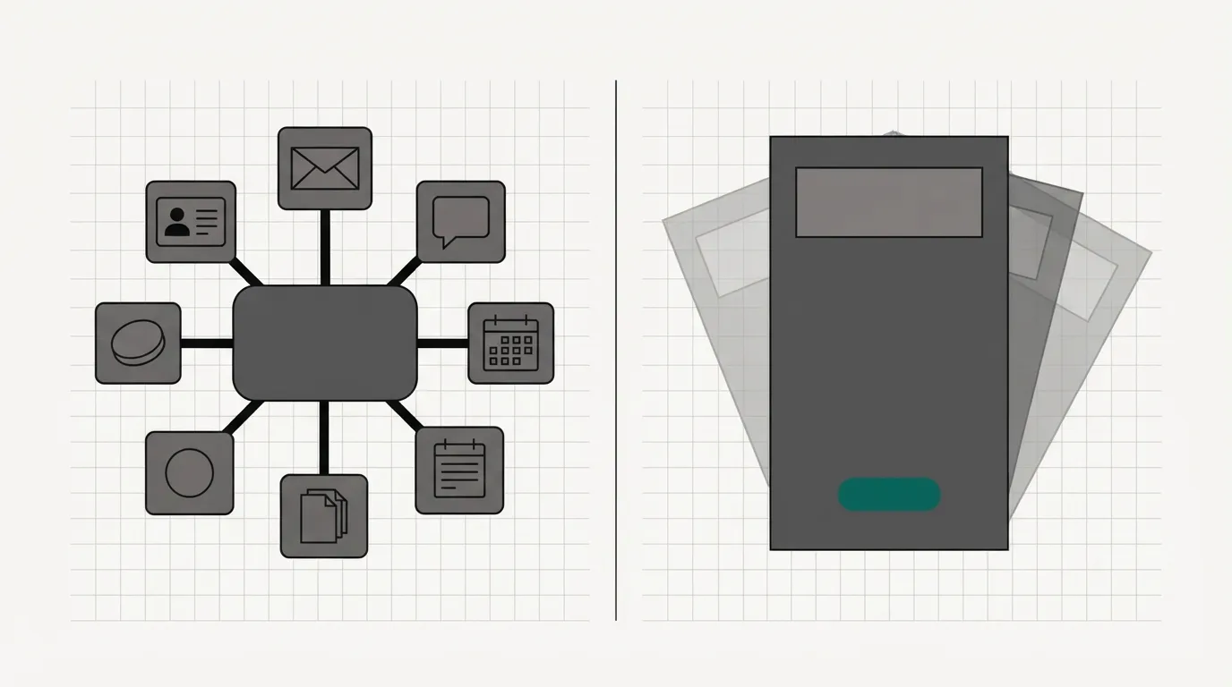 On the left, a central panel linked to six tool tiles for an all-in-one marketing platform; on the right, one landing page with a highlighted form button and two faint test variants behind it.