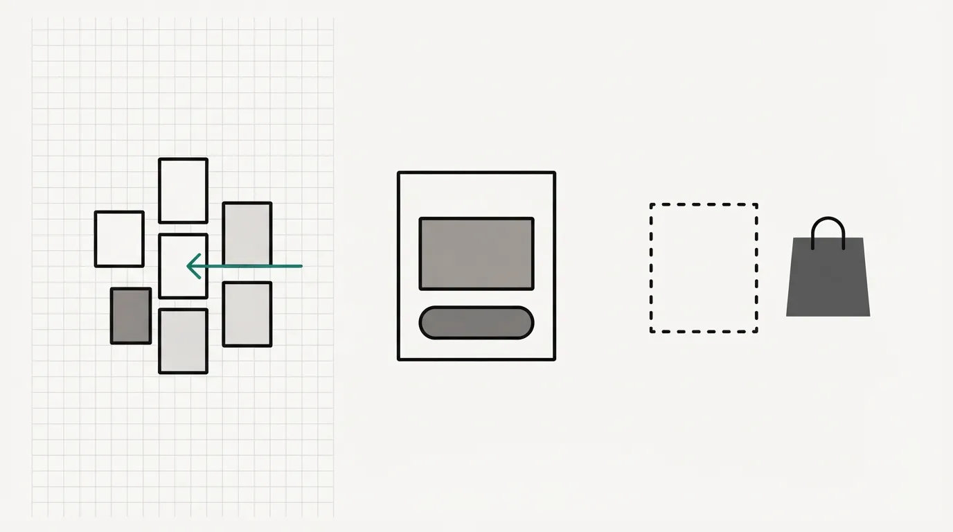 Diagram of three buyer situations: a cluster of page sheets, one page with a form, and a page separated from a shopping bag.