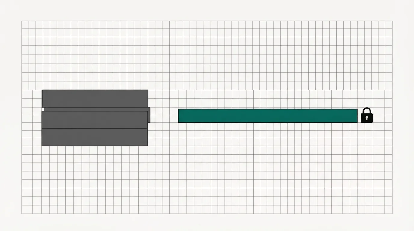 Diagram of a stack of page sheets beside a nearly full meter bar that ends in a padlock, in black ink and one teal accent on paper.