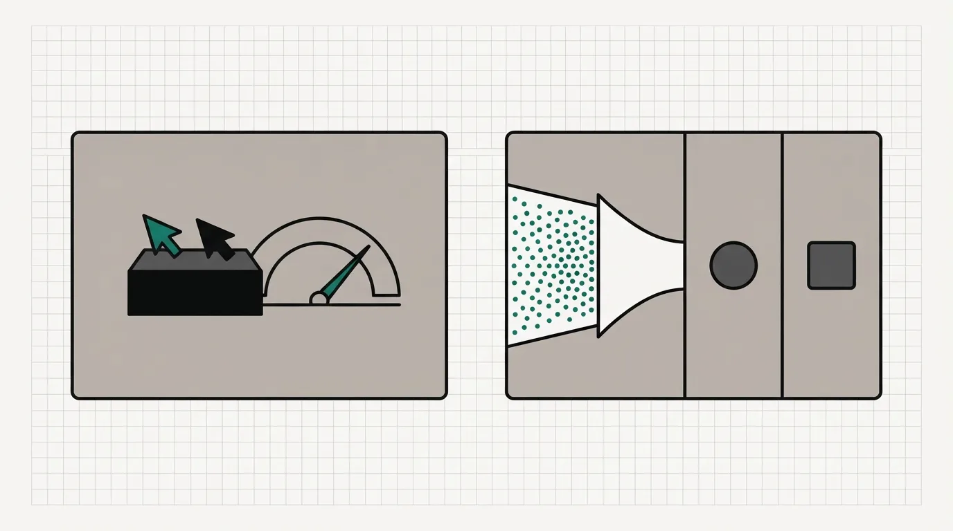Left, a landing page with two cursors on the same block beside a gauge near the end of its arc; right, a stream of dots flowing through a funnel into a page split into a round-button and a square-button variant.