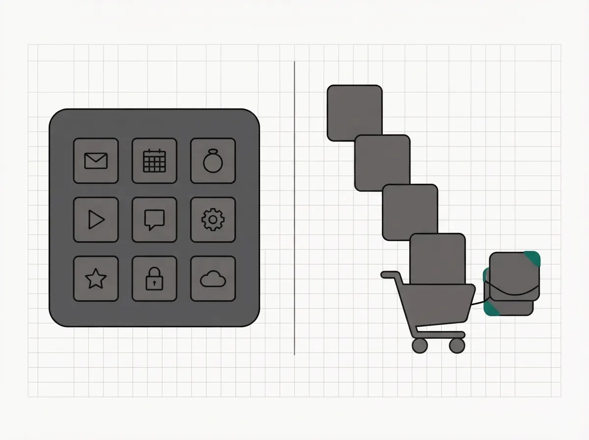 On the left, one container holding a grid of nine small tool tiles; on the right, four connected funnel steps leading down into a cart with two add-on offer cards branching off it.