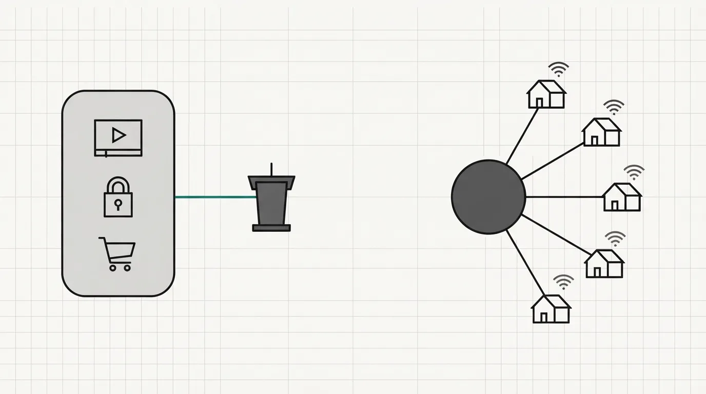 On the left, one container holding a video tile, a locked membership door and a cart; on the right, a hub connected to five small client houses arranged in an arc.