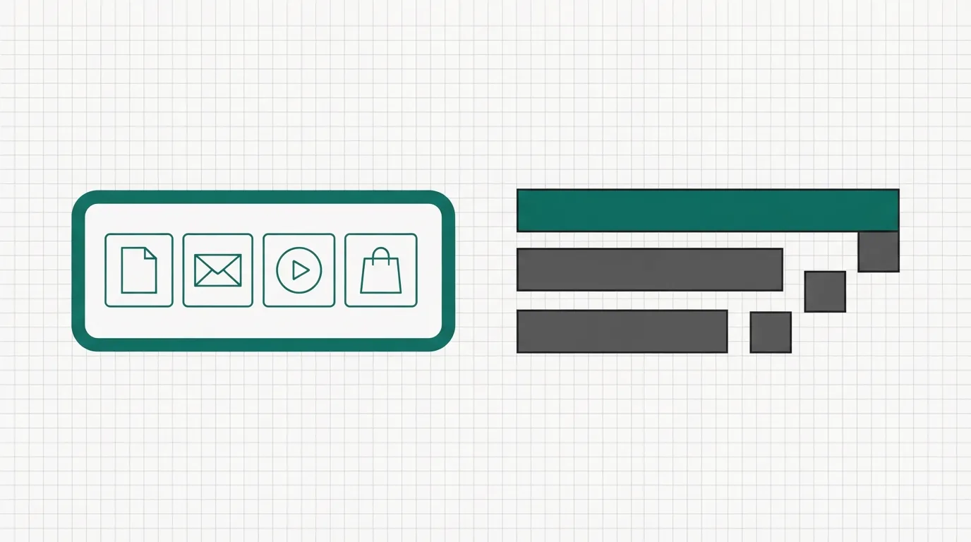 On the left, one frame holding a page, an envelope, a play button and a small cart. On the right, three stacked horizontal bars with a short staircase of squares beside them.