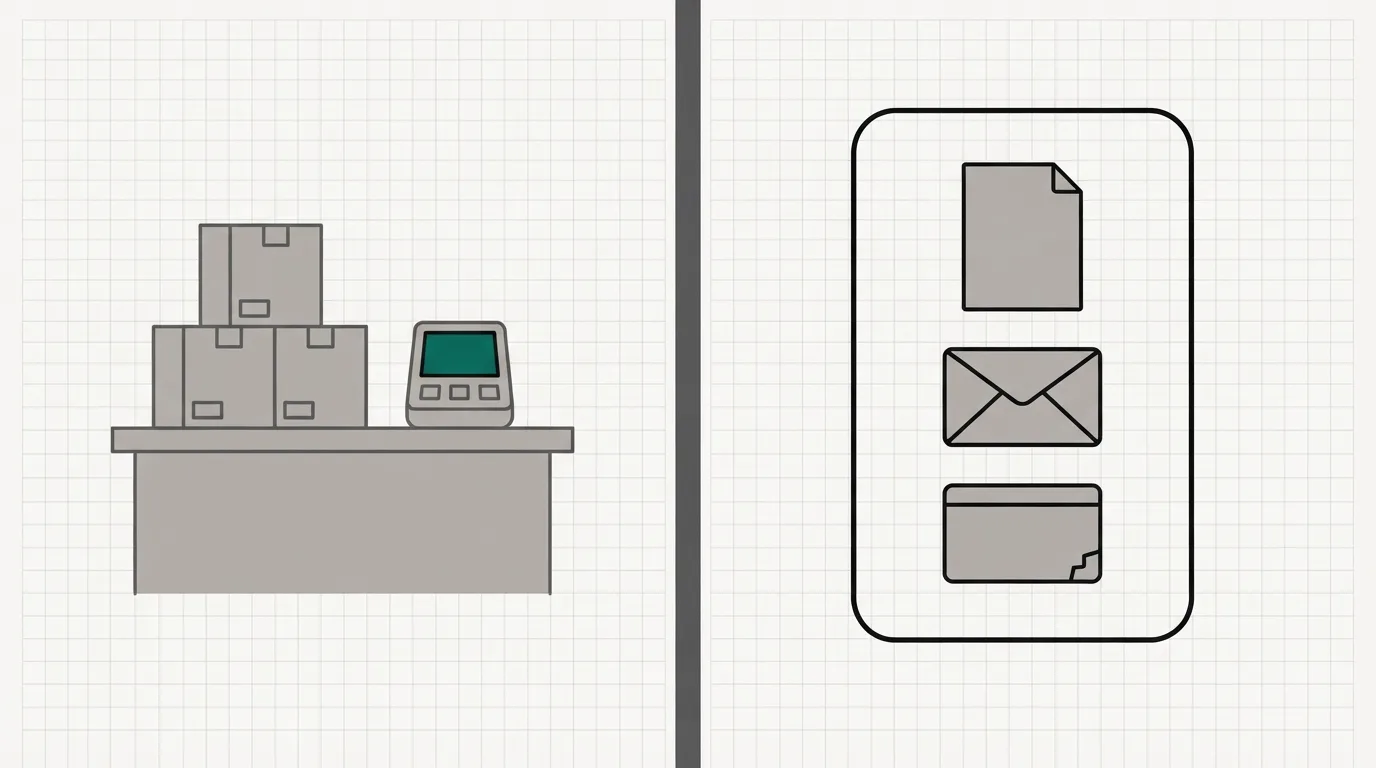 On the left, a shop counter with stacked boxes and a card terminal. On the right, one frame holding a page, an envelope and a membership card.