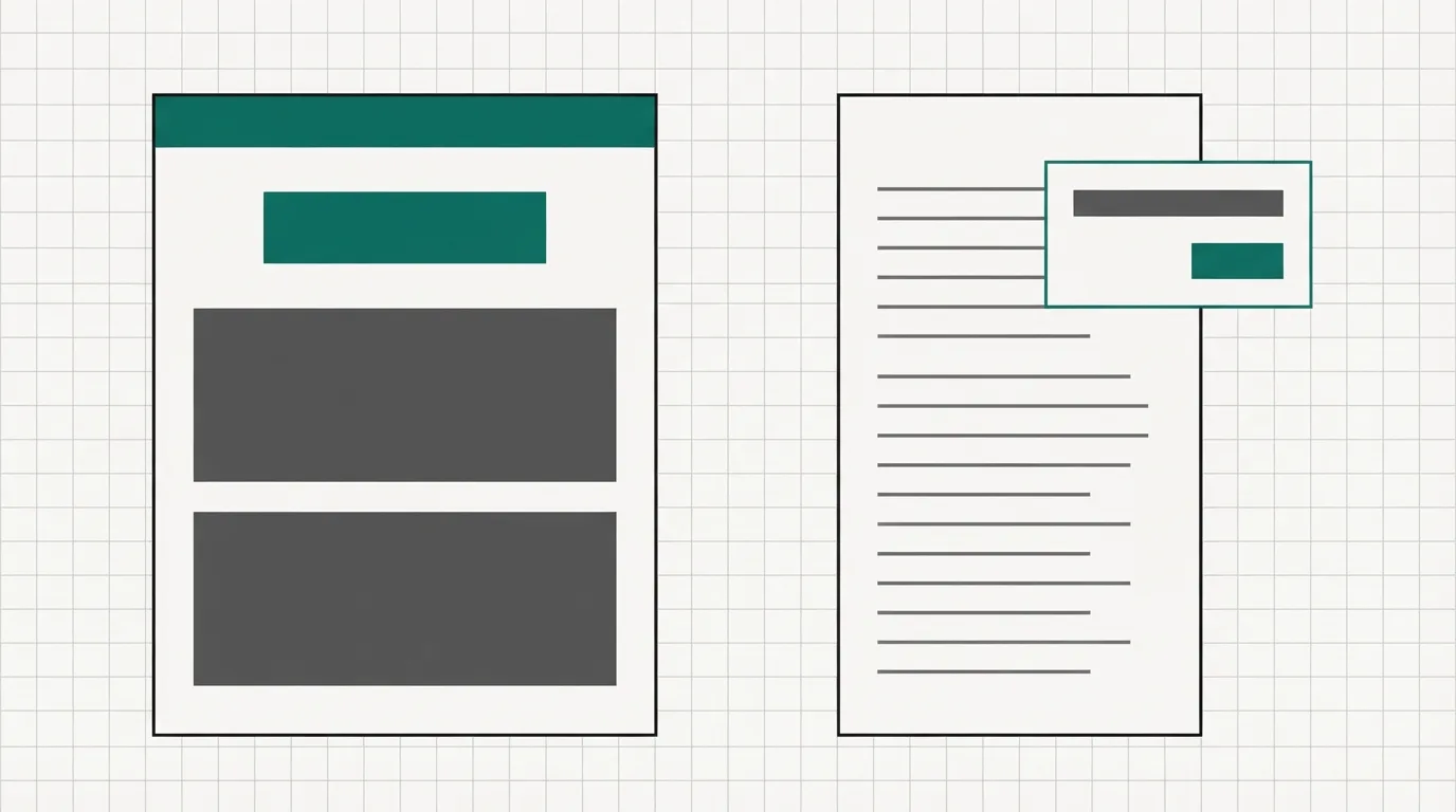 On the left, a tall campaign page with a large button near the top and two content blocks under it. On the right, a long blog column with a small popup card overlapping the upper corner, the popup holding one field and a button.