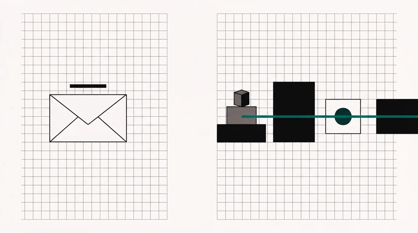 On the left, one envelope stopped by a short bar. On the right, a page, a card and a course block joined by a teal path.