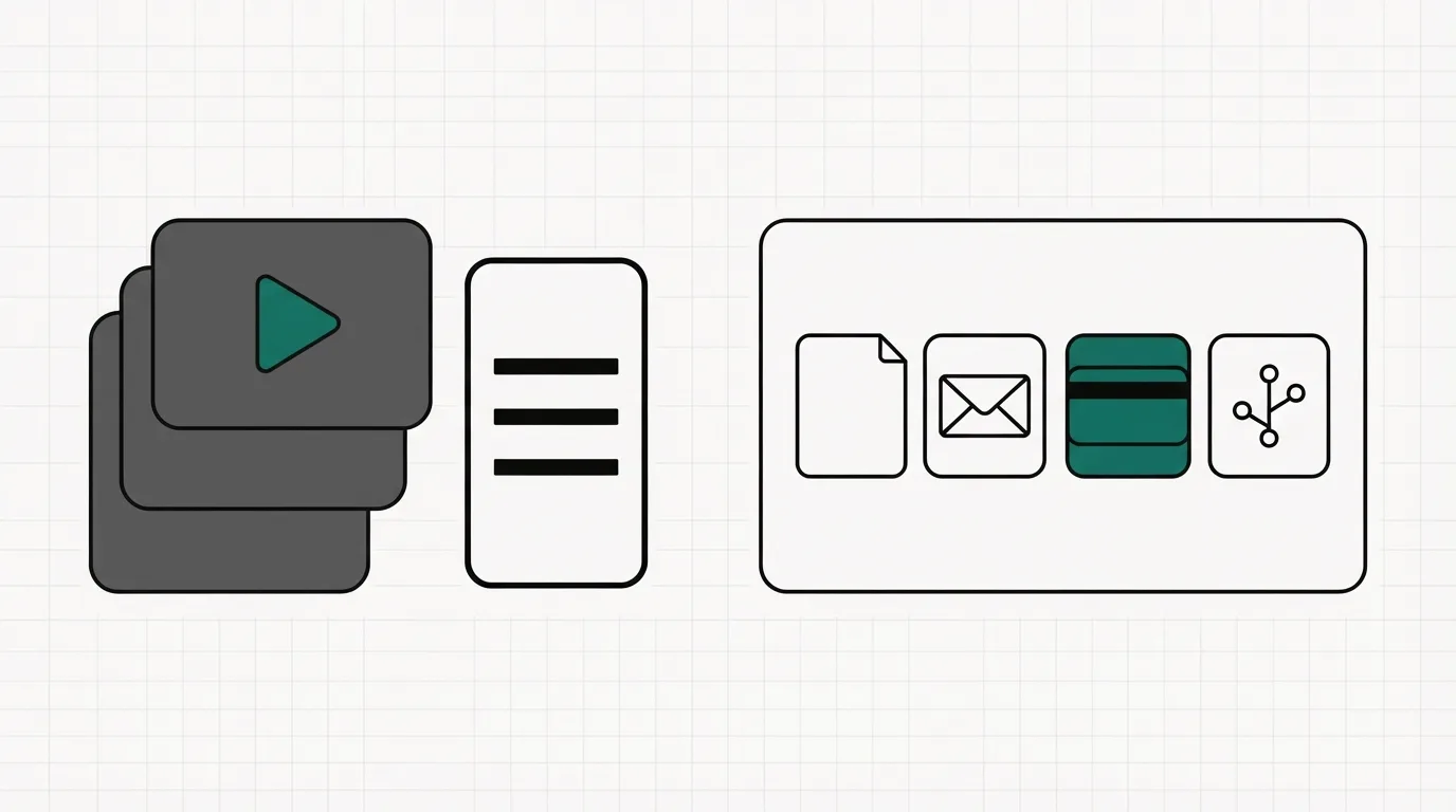 On the left, three stacked lesson cards and a phone outline. On the right, one frame holding a page, an envelope, a payment card and a small branch.