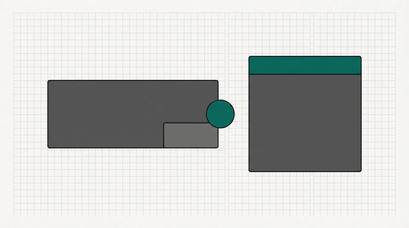 A checkout card with a small extra rectangle on its lower edge, and a second card to the right with a teal bar across the top.