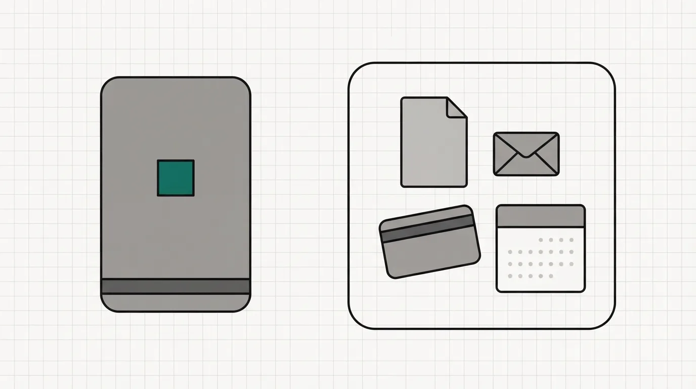 On the left, a single checkout card with one checkbox and a payment strip. On the right, one frame holding a page, an envelope, a membership card and a small calendar.