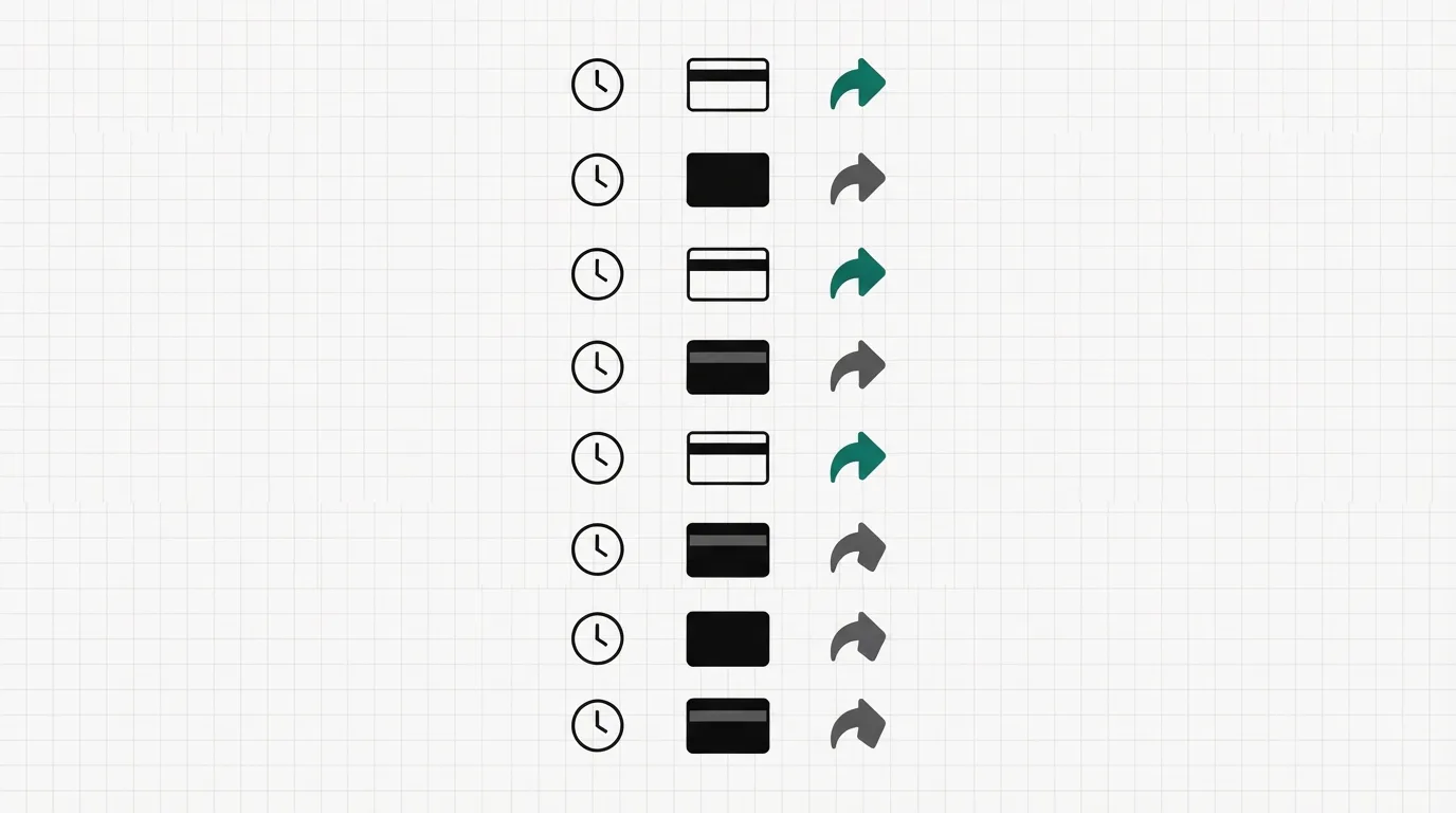 Eight short rows on paper, each with a clock, a card and a return arrow. Three rows have an empty card outline and a teal arrow.