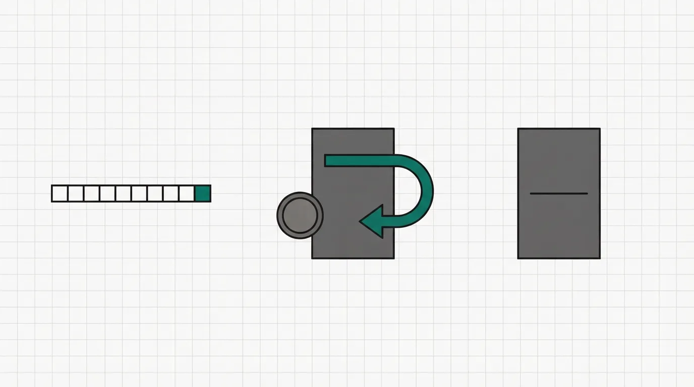 Three stacks: a short row of day squares, a receipt with an arrow back to a coin, and a receipt with a line through it.