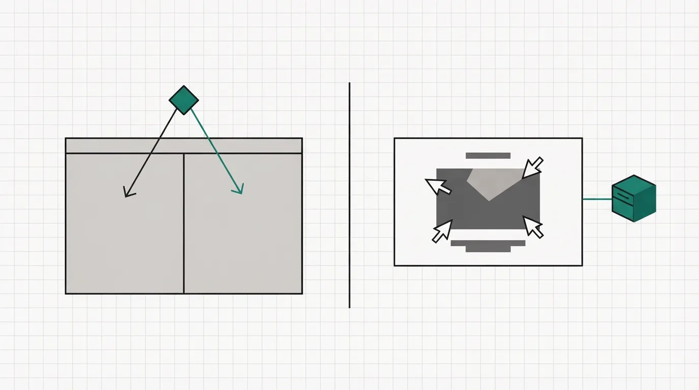 Two landing-page sheets divided by a gap. The left sheet is split into two variant panels with a small routing node sending more arrows to one panel. The right sheet has three cursor marks on one shared block and a server shape feeding the page.