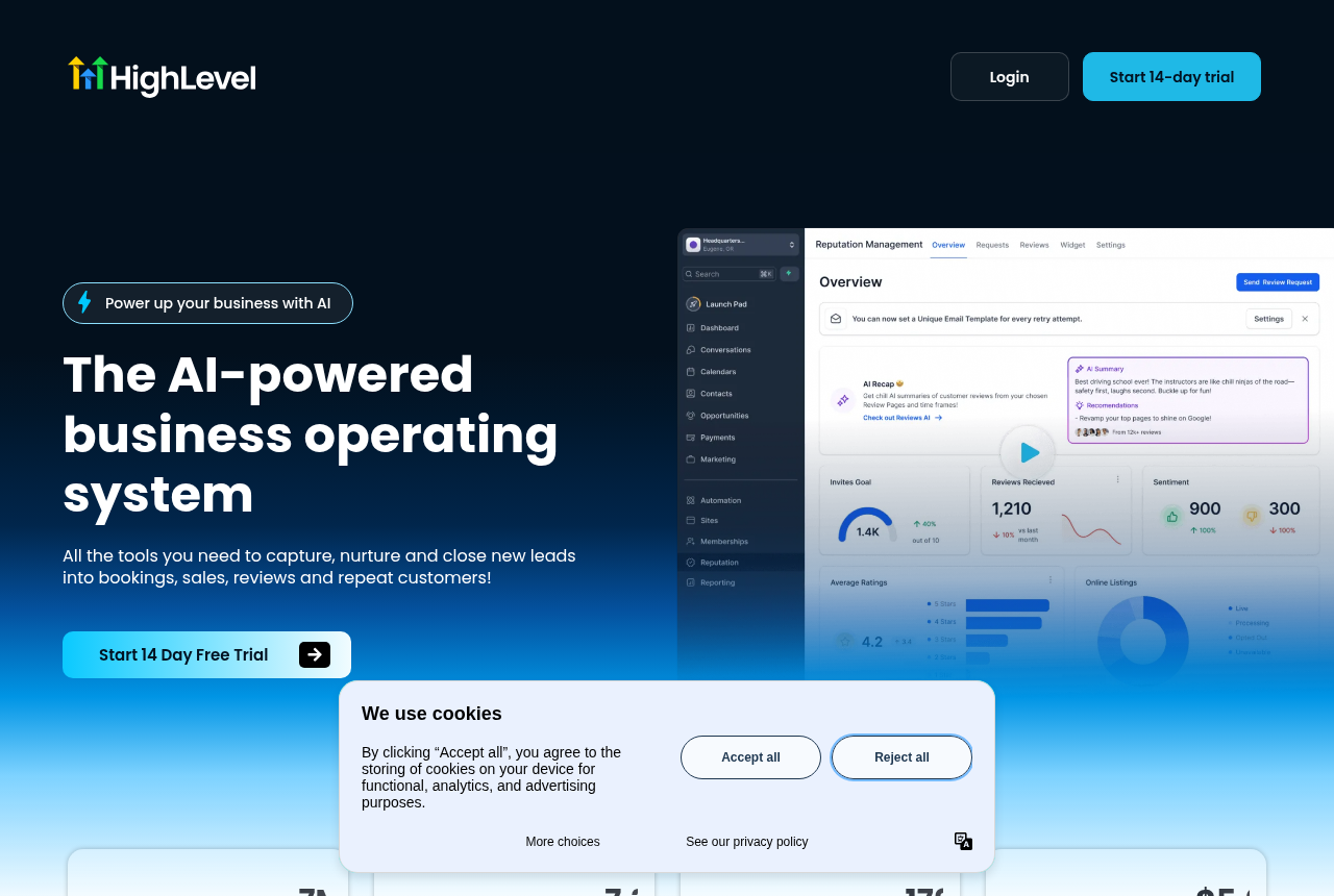 The GoHighLevel homepage, headlined The AI-powered business operating system, with counters for AI voice calls, leads generated and sales facilitated.