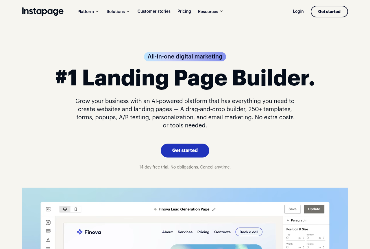 Instapage homepage with the headline #1 Landing Page Builder, a line about a 14-day trial, and the page editor open on a Finova lead generation page.