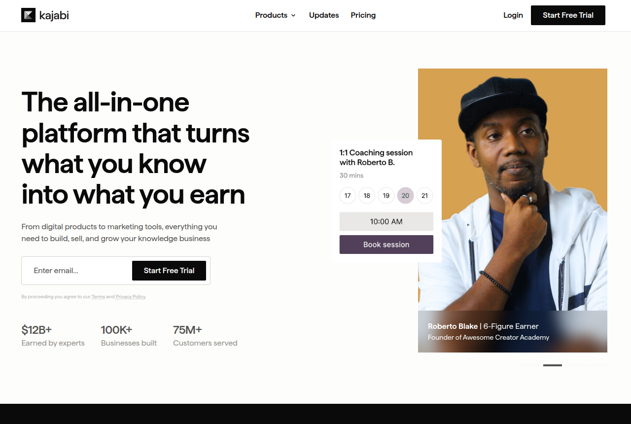 The Kajabi homepage, headlined about turning what you know into what you earn, with a Get Started button and figures for businesses built and customers served.