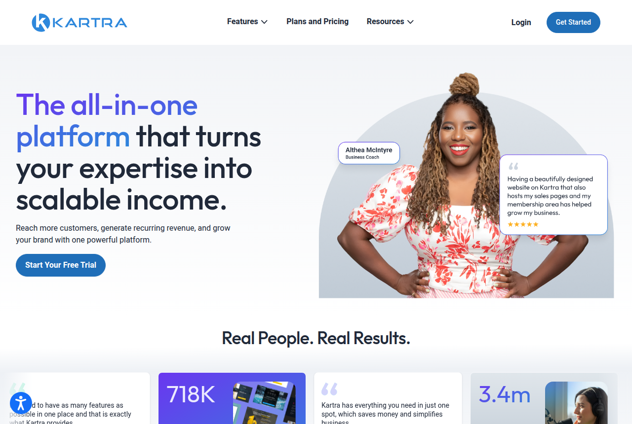 The Kartra homepage, with a headline about turning your expertise into scalable income, a Start Your Free Trial button, and a note that it is trusted by 250,000+ customers.