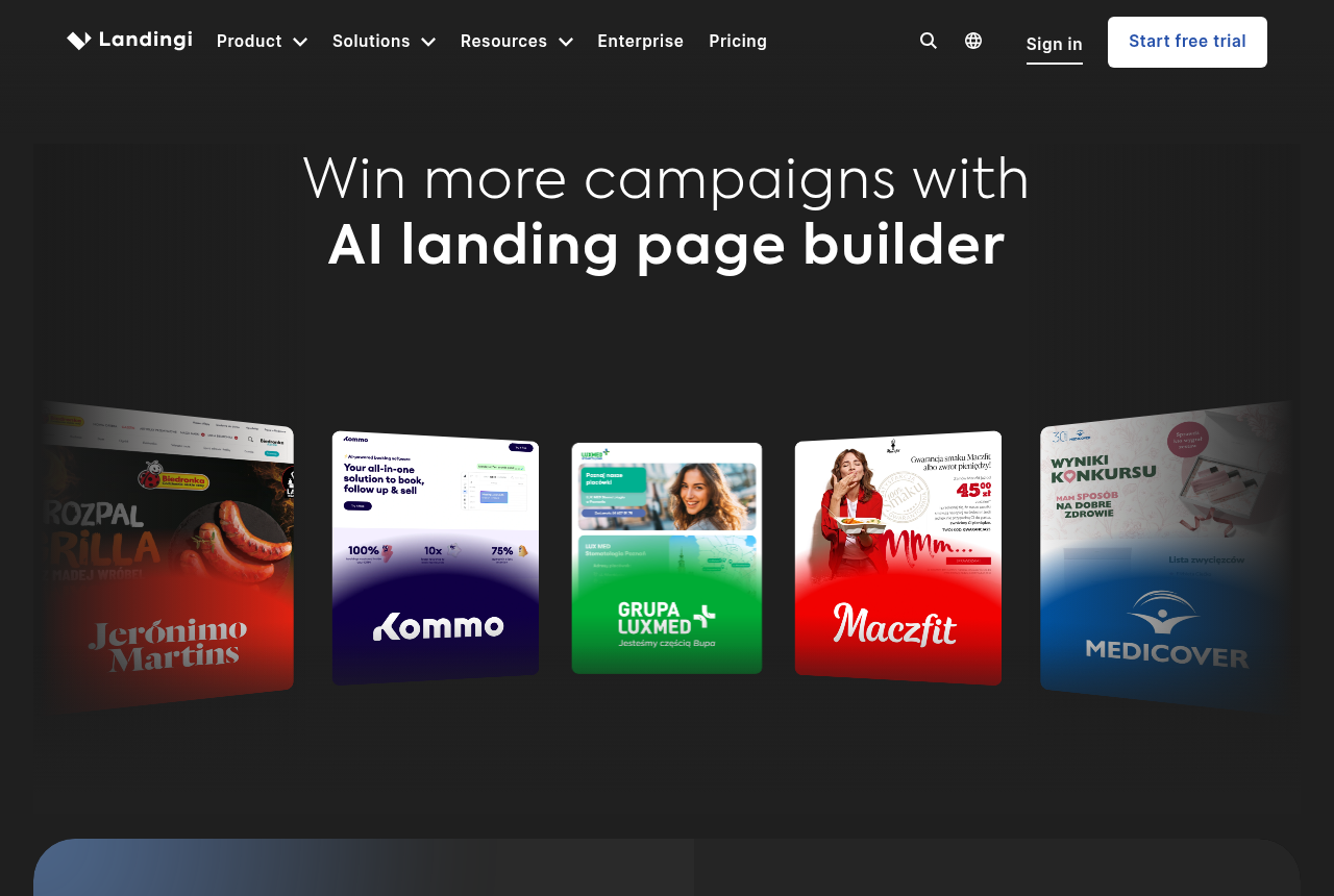 Landingi homepage with a dark header, the headline Win more campaigns with AI landing page builder, a Start free trial button, and five sample campaign pages.