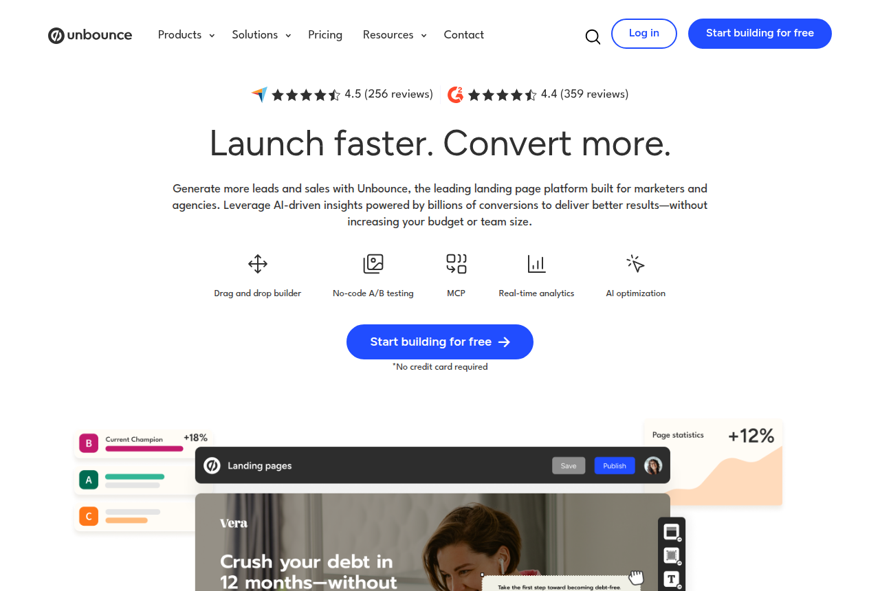 Unbounce homepage showing its landing page builder, A/B testing, analytics and AI optimization overview above an editor preview.